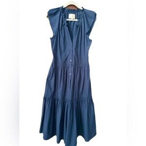 BROCHU WALKER XS Santorini Midi Dress Navy flutter-sleeve tiered pockets Perfect